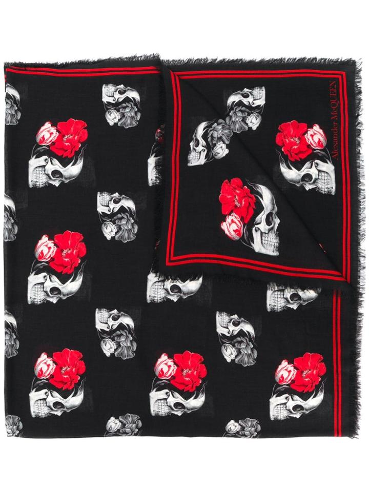 Alexander Mcqueen Skull And Flower Scarf - Black