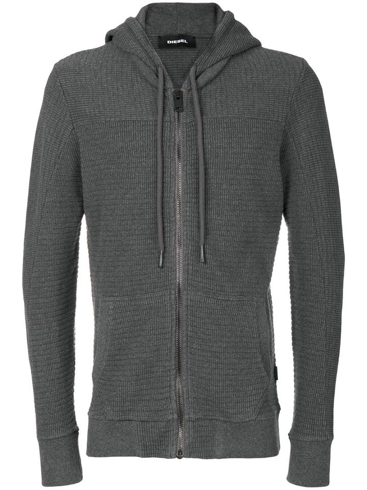 Diesel - Ribbed Zipped Hoodie - Men - Cotton - S, Grey, Cotton