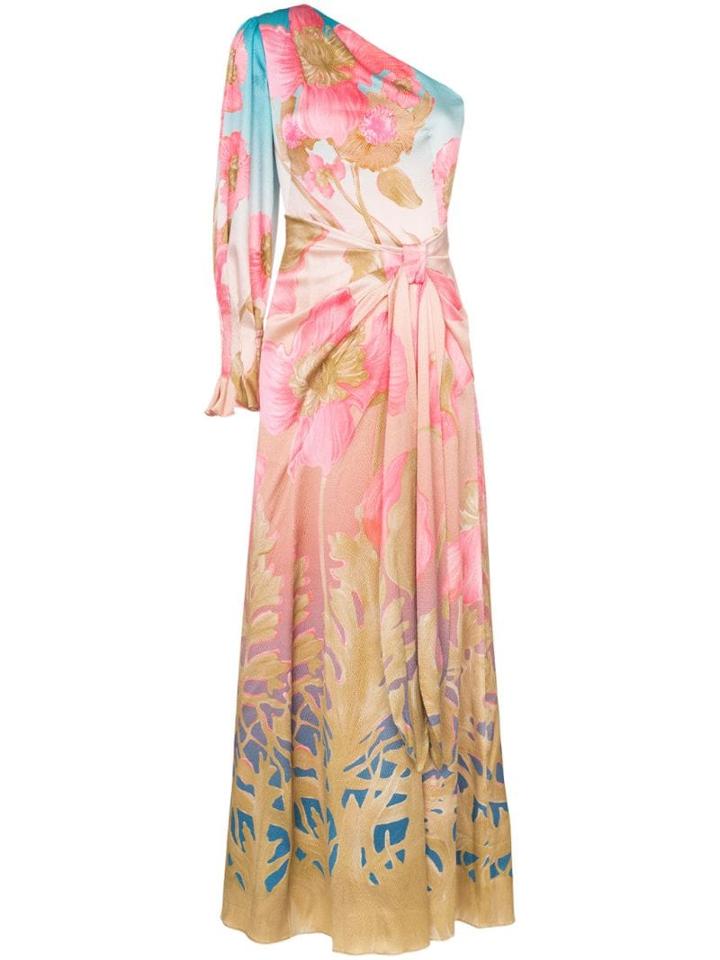 Peter Pilotto One Shoulder Floral Print Silk Maxi Dress - Sky Poppy