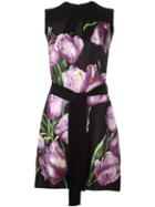 Dolce & Gabbana Tulip Print Belted Dress, Women's, Size: 40, Black, Silk/cashmere