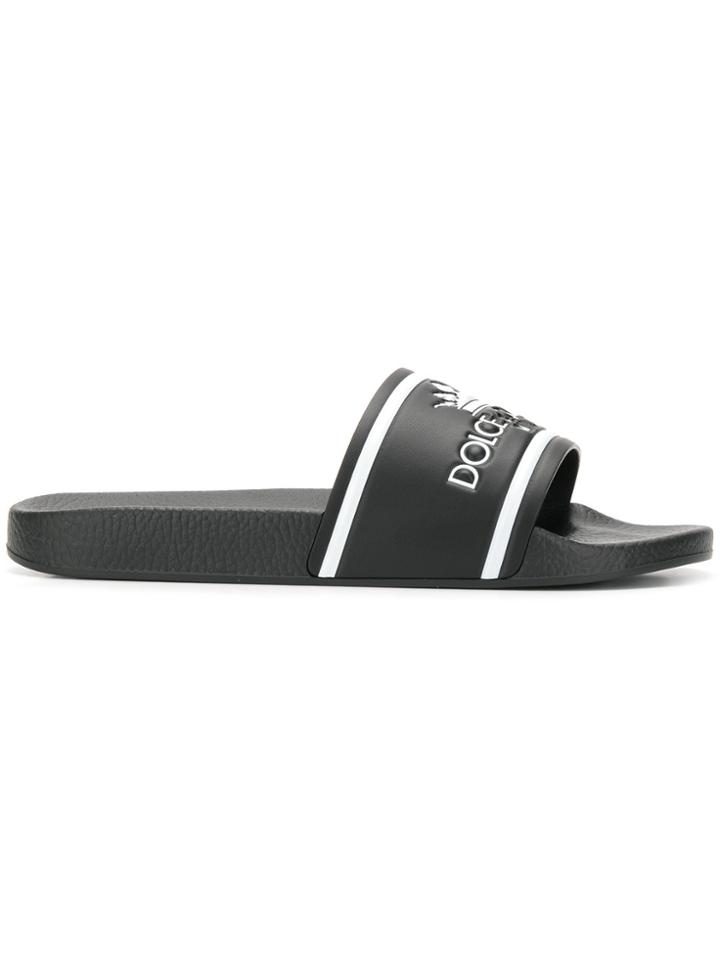Dolce & Gabbana Black And White Crown Logo Embossed Slides