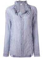 Y's - Striped Frill Collar Blouse - Women - Cotton/polyurethane/tencel - 1, Blue, Cotton/polyurethane/tencel