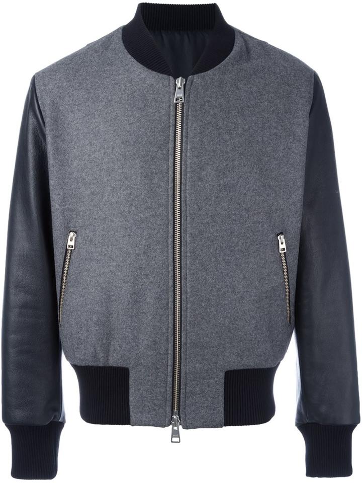 Ami Alexandre Mattiussi Bomber Jacket, Men's, Size: Xl, Grey, Cotton/calf Leather/wool
