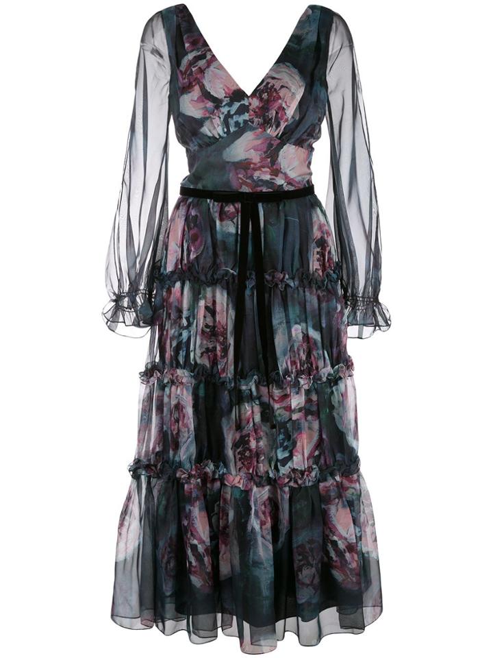 Marchesa Notte Floral-print Slit-sleeves Dress - Black