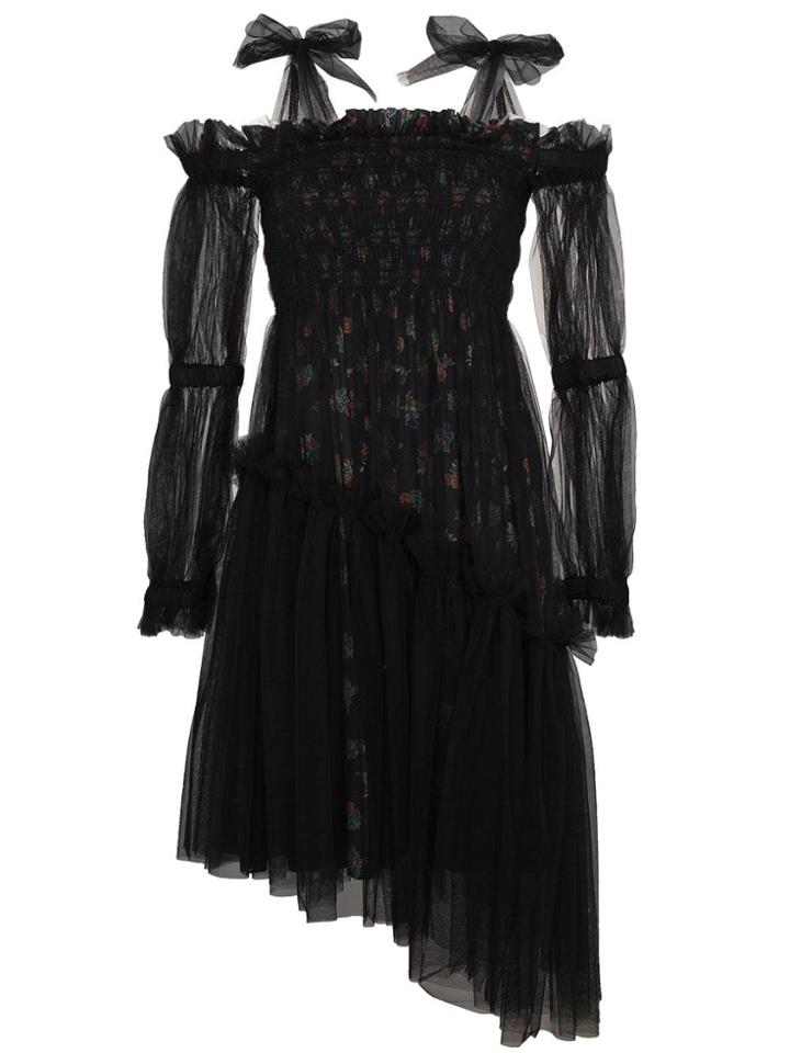 Molly Goddard Smocked Tiered Floral Underskirt Tulle Dress - Black