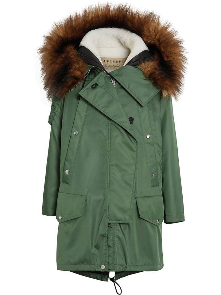 Burberry Faux Fur Trim Parka With Detachable Warmer - Green