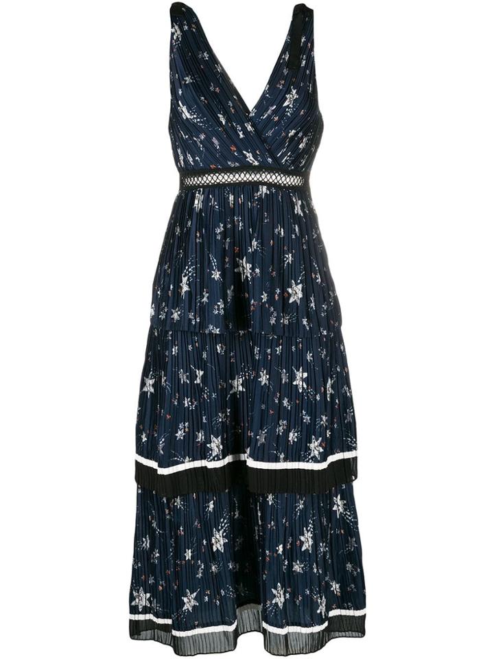 Self-portrait Sleeveless Printed Micro Pleat Dress - Blue