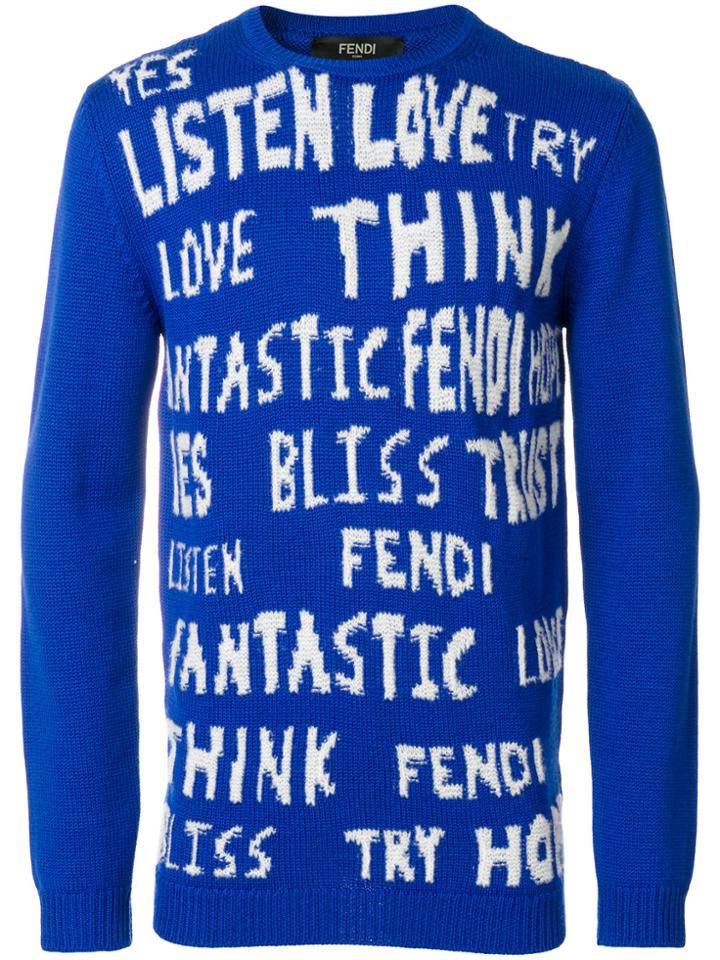 Fendi Slogan Embroidered Sweater - Blue