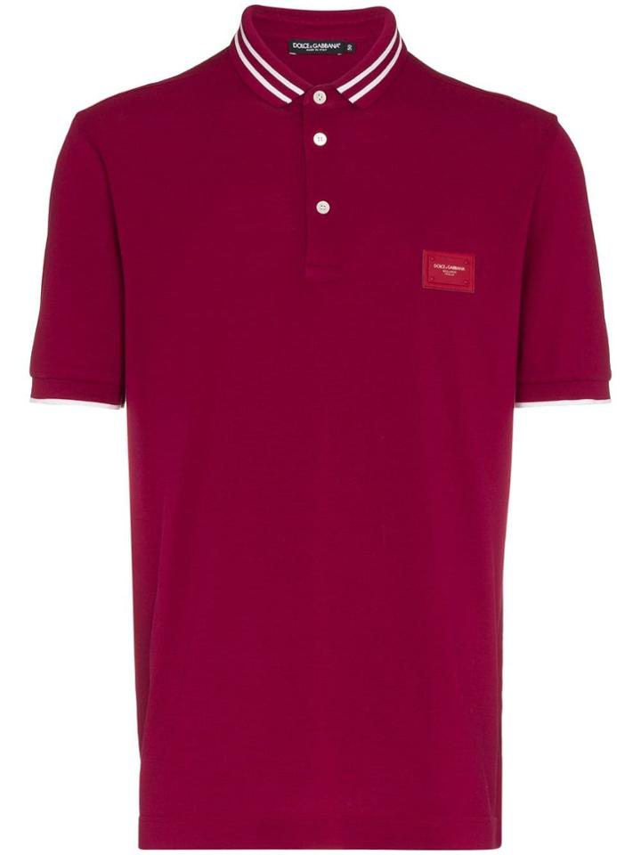 Dolce & Gabbana Logo Embellished Cotton Polo Top - Red