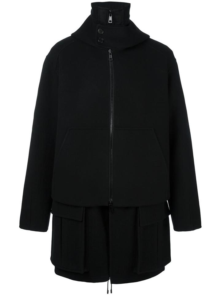 Juun.j Layered Hooded Coat, Men's, Size: 44, Black, Polyester/rayon/wool