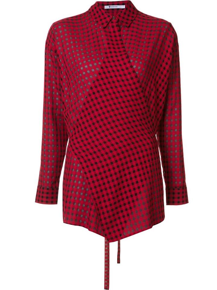 T By Alexander Wang Checked Wrap-style Shirt, Women's, Size: Small, Red, Viscose/cotton/virgin Wool
