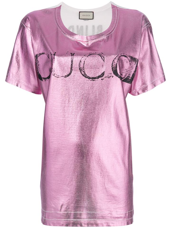 Gucci Metallic Faded Logo Print T-shirt - Pink & Purple