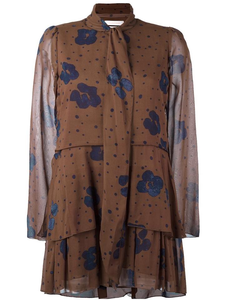 See By Chloé Floral Print Tiered Dress, Women's, Size: 36, Brown, Silk/cotton