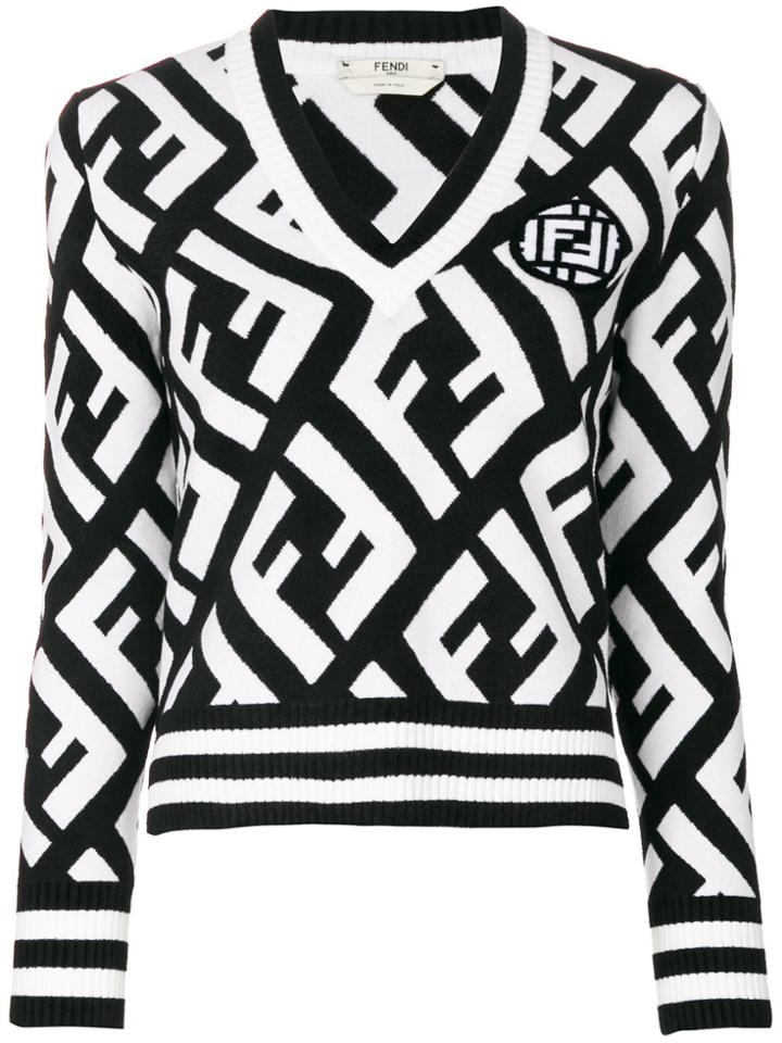 Fendi Logo V-neck Sweater - White