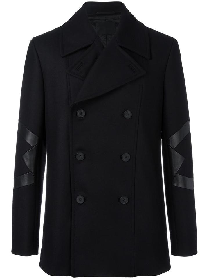 Les Hommes Panelled Double Breasted Coat, Men's, Size: 52, Black, Viscose/leather/polyester/cashmere