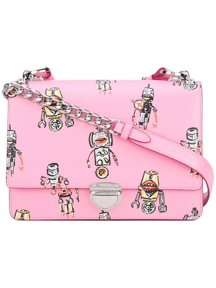 Prada Robots Print Shoulder Bag, Women's, Pink/purple, Leather