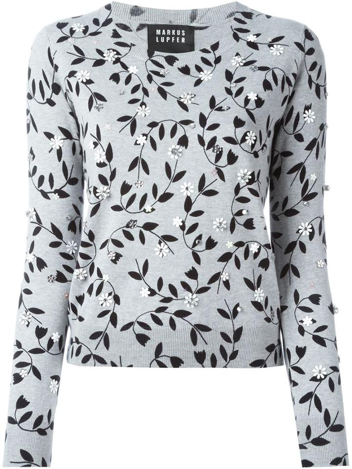 Markus Lupfer Sequined Floral Print Jumper, Women's, Size: Small, Grey, Cotton