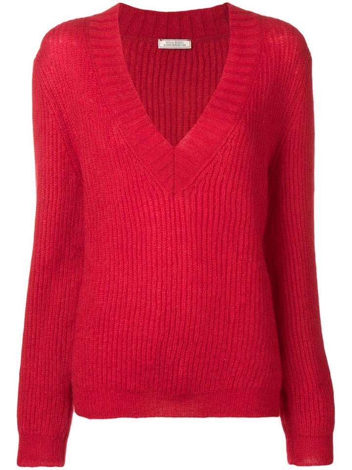 Nina Ricci V-neck Knit Sweater - Red