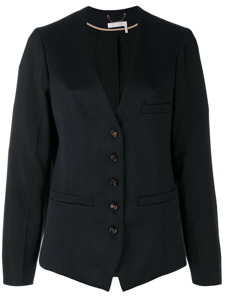 Chloé - Collarless Blazer - Women - Cotton/viscose/virgin Wool - 36, Blue, Cotton/viscose/virgin Wool