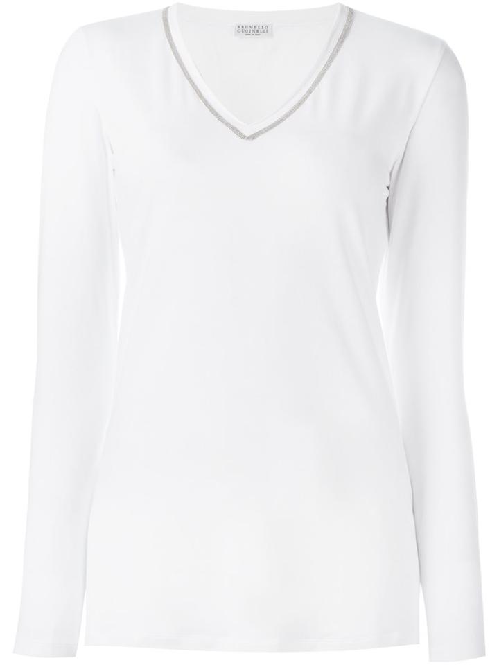 Brunello Cucinelli V-neck Top, Women's, Size: Large, White, Cotton/spandex/elastane