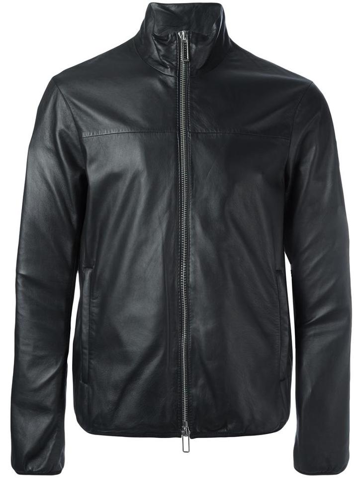 Emporio Armani Zip Up Biker Jacket, Men's, Size: Xxl, Black, Lamb Skin/polyester