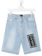 Young Versace Teen Logo Print Denim Shorts - Blue