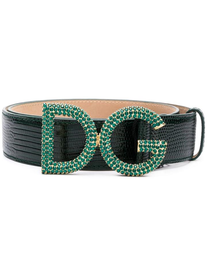 Dolce & Gabbana Snake Embossed Crystal Logo Belt - Green