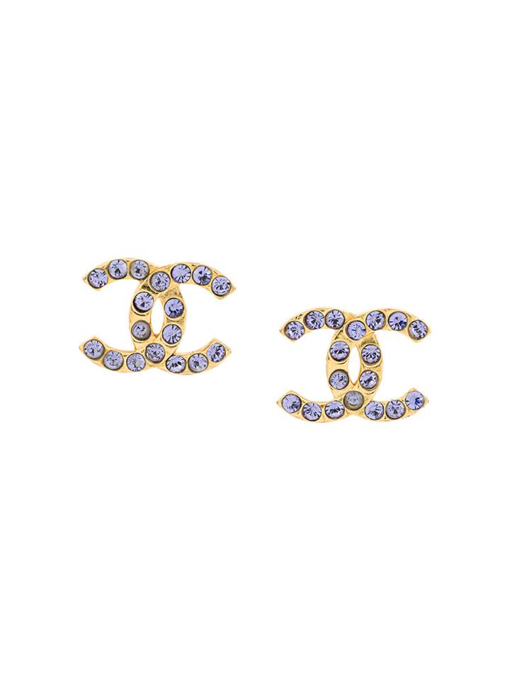 Chanel Vintage Logo Clip On Earrings - Blue