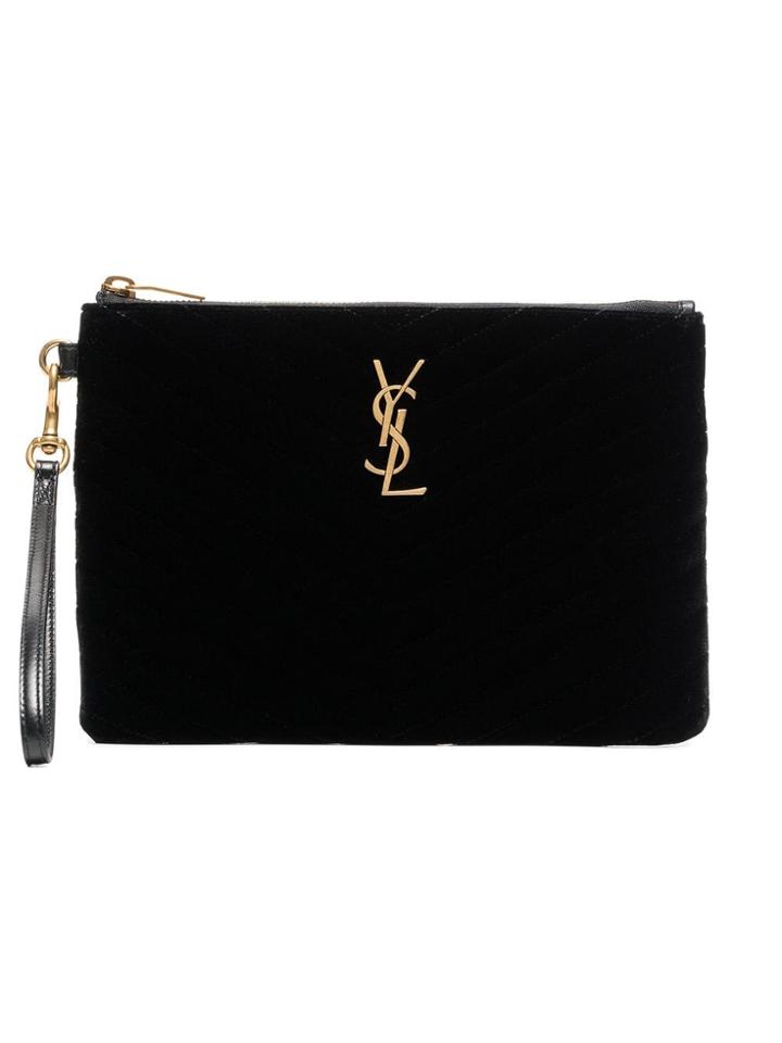 Saint Laurent Velvet Monogram Quilted Clutch Bag - Black