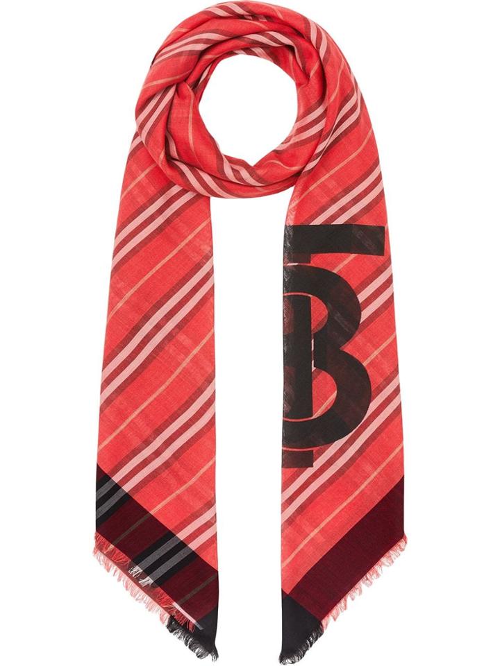 Burberry Monogram Icon Stripe Wool Silk Large Square Scarf - Red