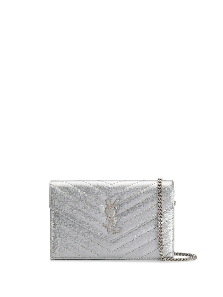 Saint Laurent Logo Monogram Quilted Crossbody Bag - Silver