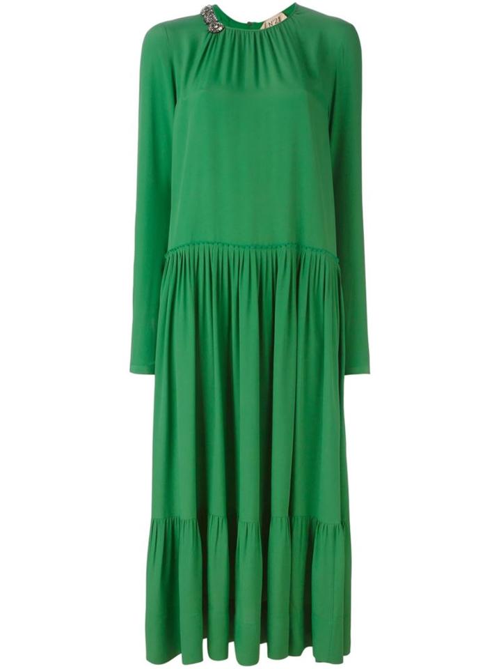 No21 Embellished Neck Midi Dress, Women's, Size: 42, Green, Acetate/silk