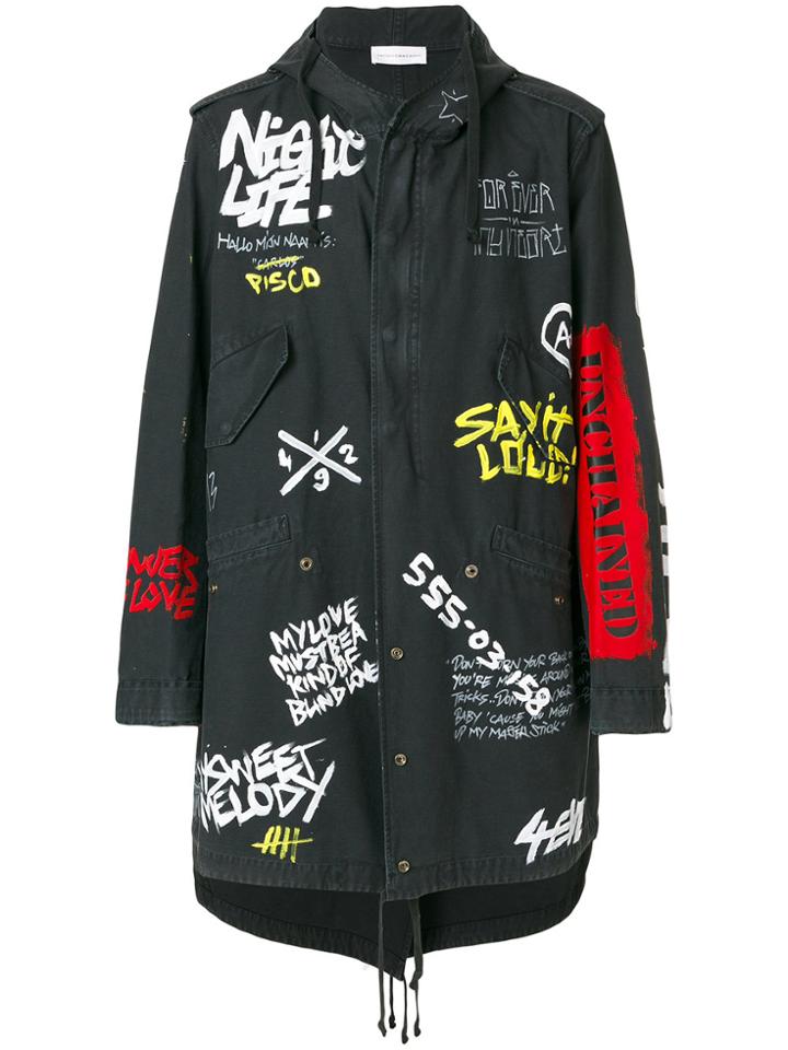 Faith Connexion Oversized Graffiti Print Coat - Black
