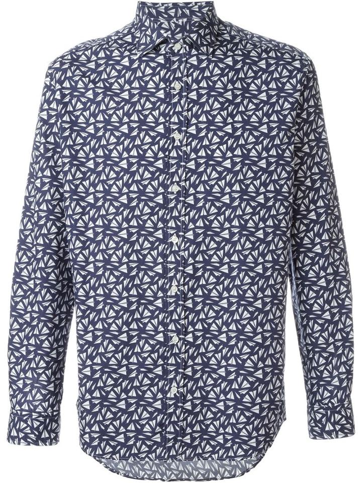 Etro Paper Plane Print Shirt, Men's, Size: Large, Blue, Cotton
