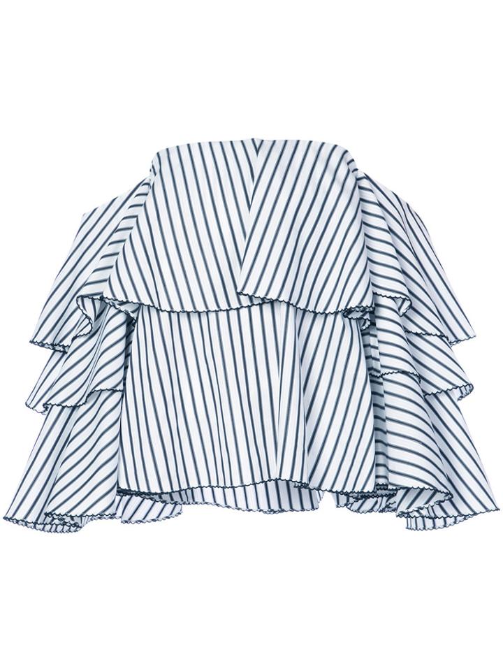 Caroline Constas Striped Frill Trim Off-the Shoulder Blouse - White