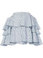 Caroline Constas Striped Frill Trim Off-the Shoulder Blouse - White