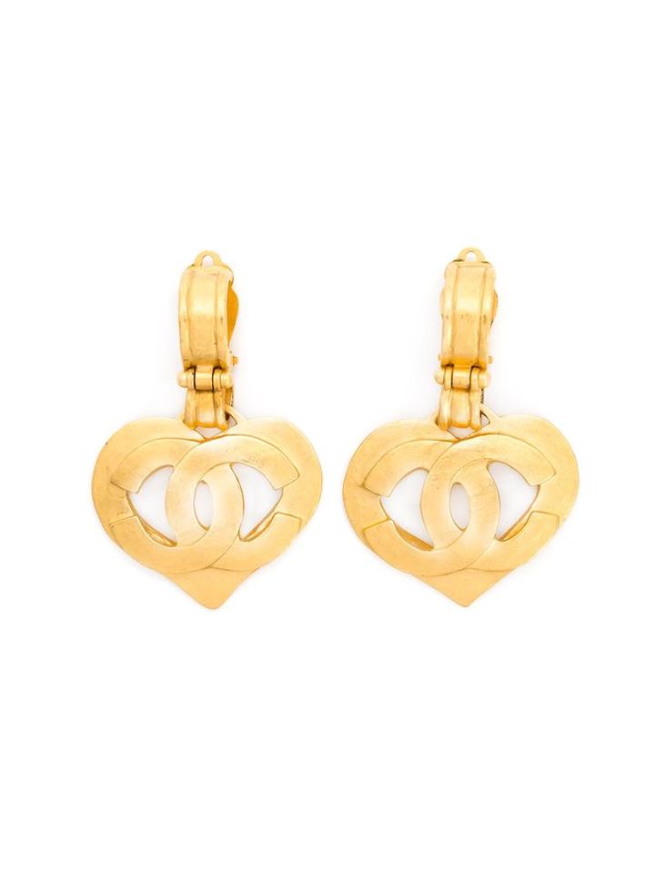 Chanel Vintage Heart Logo Clip-on Earrings, Women's, Yellow/orange