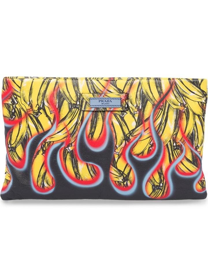 Prada Printed Leather Clutch - Yellow & Orange