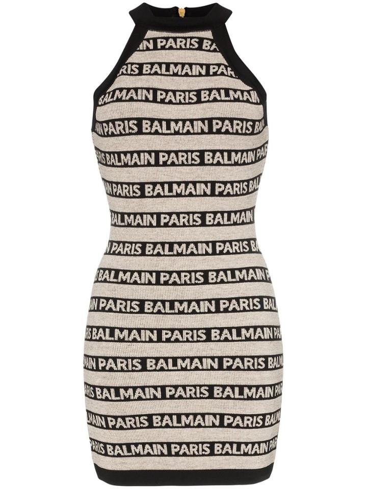 Balmain High-necked Logo Halter Dress - Neutrals