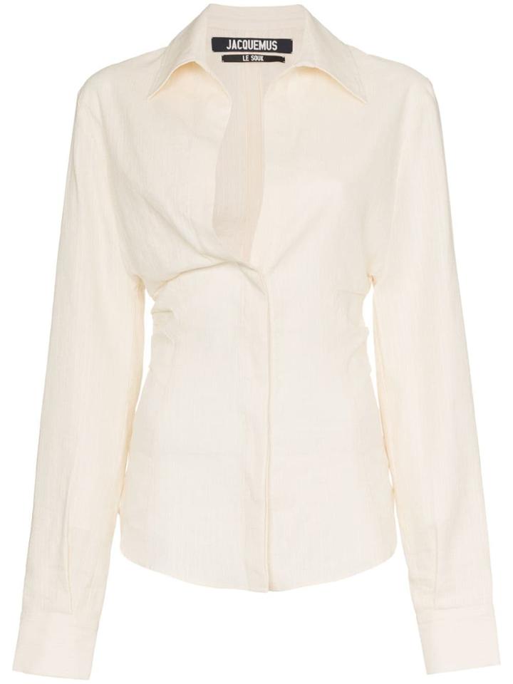 Jacquemus V-neck Fitted Waist Linen Cotton Blend Shirt - White