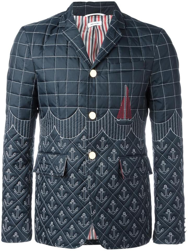 Thom Browne Embroidered Down Blazer, Men's, Size: 1, Blue, Nylon/cupro/feather Down