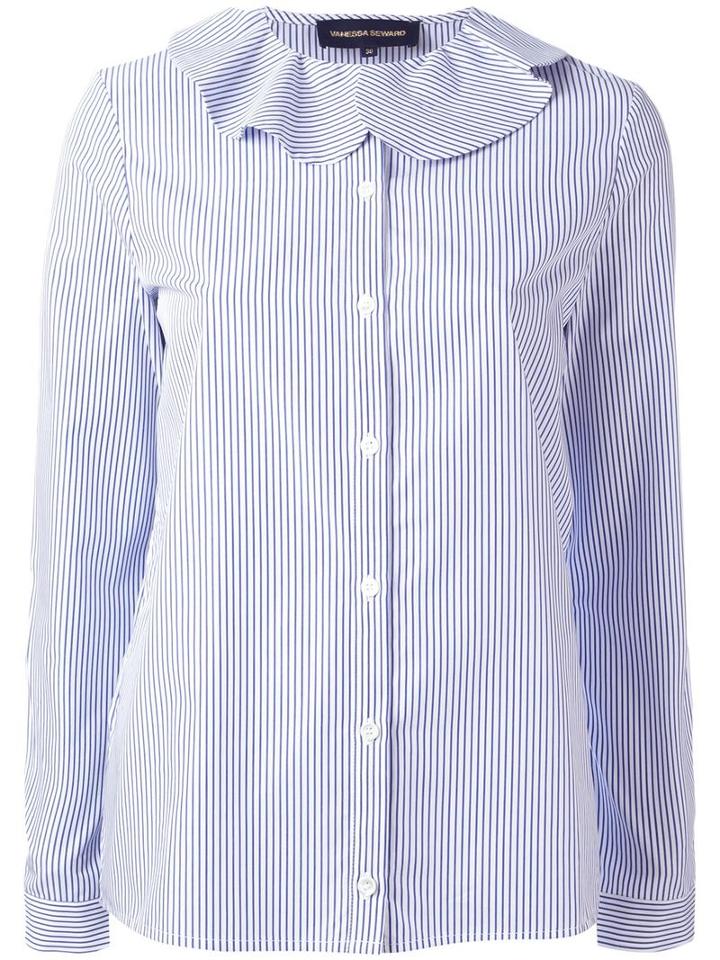 Vanessa Seward Ruffle Collar Striped Shirt, Women's, Size: 36, Blue, Cotton