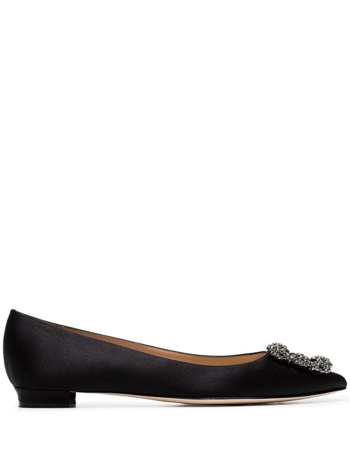 Manolo Blahnik Hangisi Flat Satin Pumps - Black