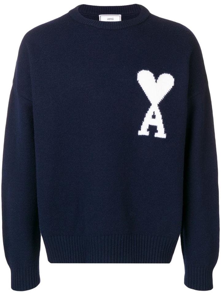 Ami Paris Intarsia Oversize Crewneck Felted Sweater - Blue