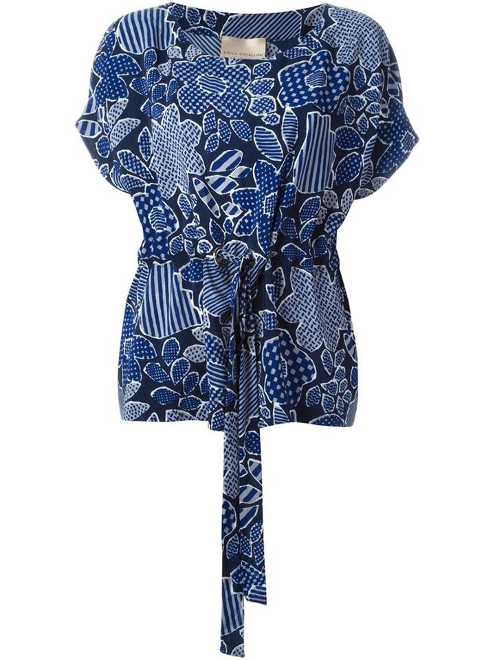 Erika Cavallini Floral Print Drawstring Top, Women's, Size: 46, Blue, Silk