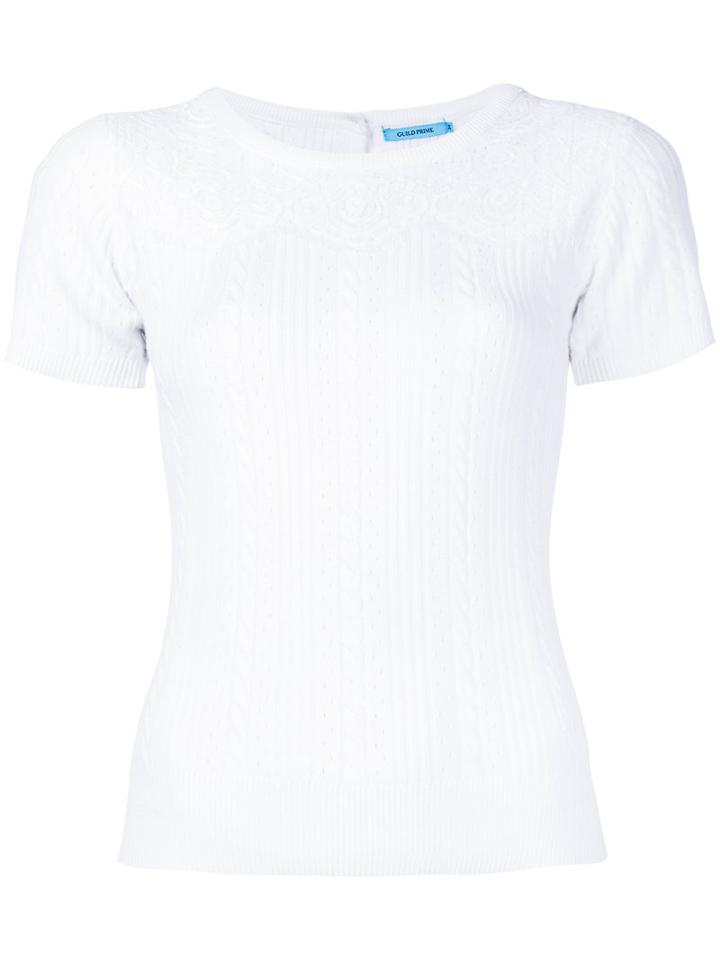Guild Prime - Short Sleeve Cable Knit Sweater - Women - Cotton/nylon/rayon - 36, White, Cotton/nylon/rayon