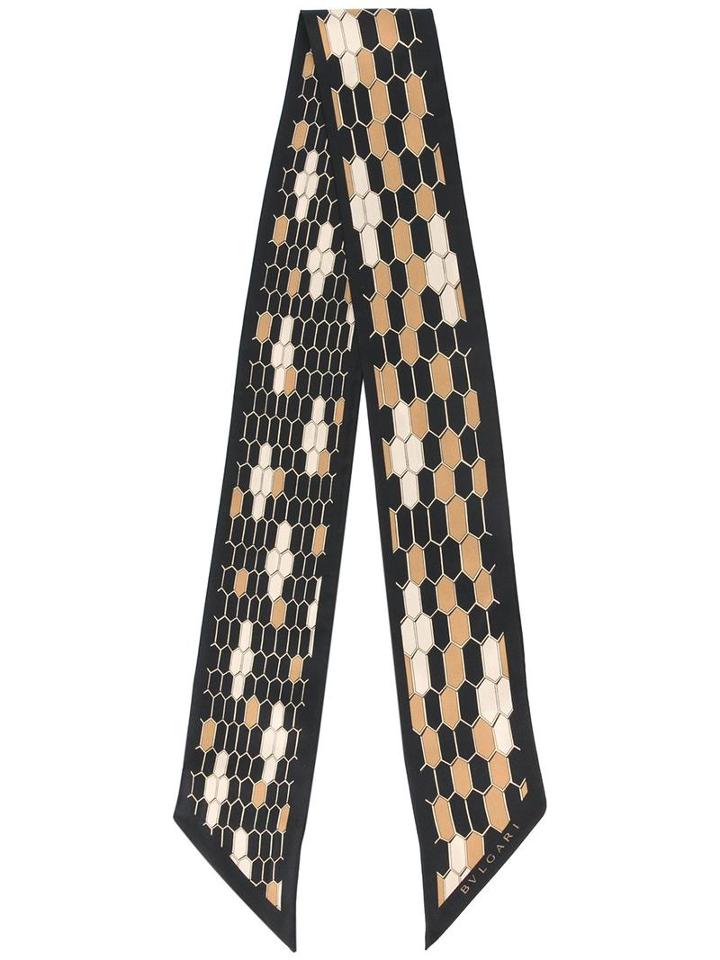 Bulgari Gold-tone Print Skinny Scarf, Women's, Black, Silk