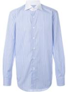 Canali Triple Pinstripe Button Down Shirt, Men's, Size: 40, Blue, Cotton