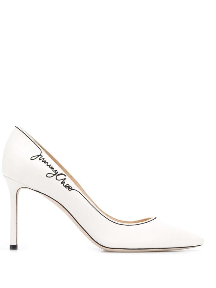 Jimmy Choo 85 Romy Embroidered Signature Pumps - White