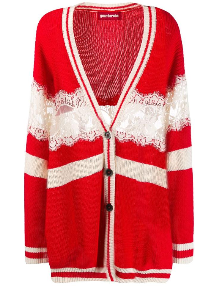 Guardaroba Striped Midi Cardigan With Lace - Red